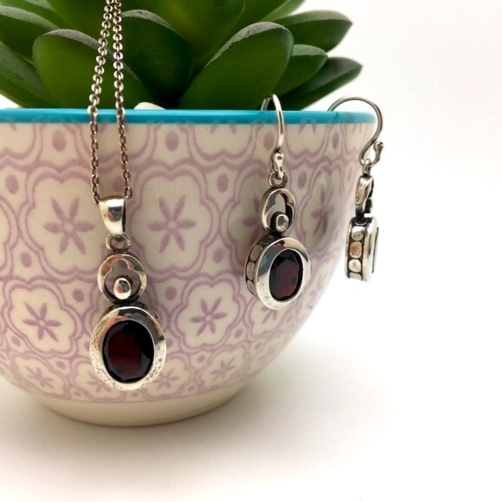Dark Cherry and 925 Stamped Silver Vintage Lucas Lameth Necklace and Earrings - Picture 5 of 16